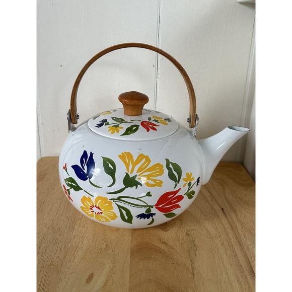 Vintage 1984 Kamenstein Enamel Floral Tea Kettle Wood Handle - Picture 1 of 15